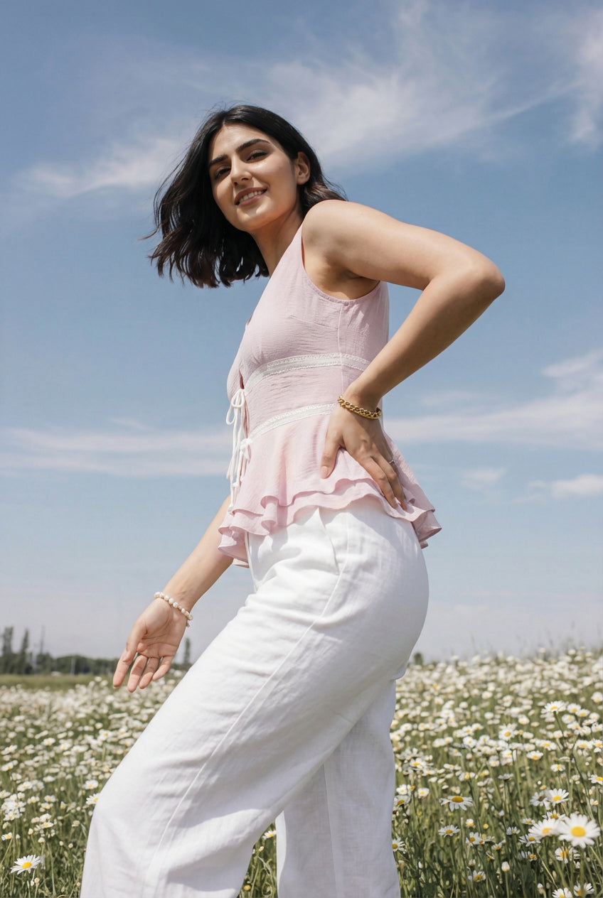 Iris Blush Pink Sleeveless Tie-up Peplum Top
