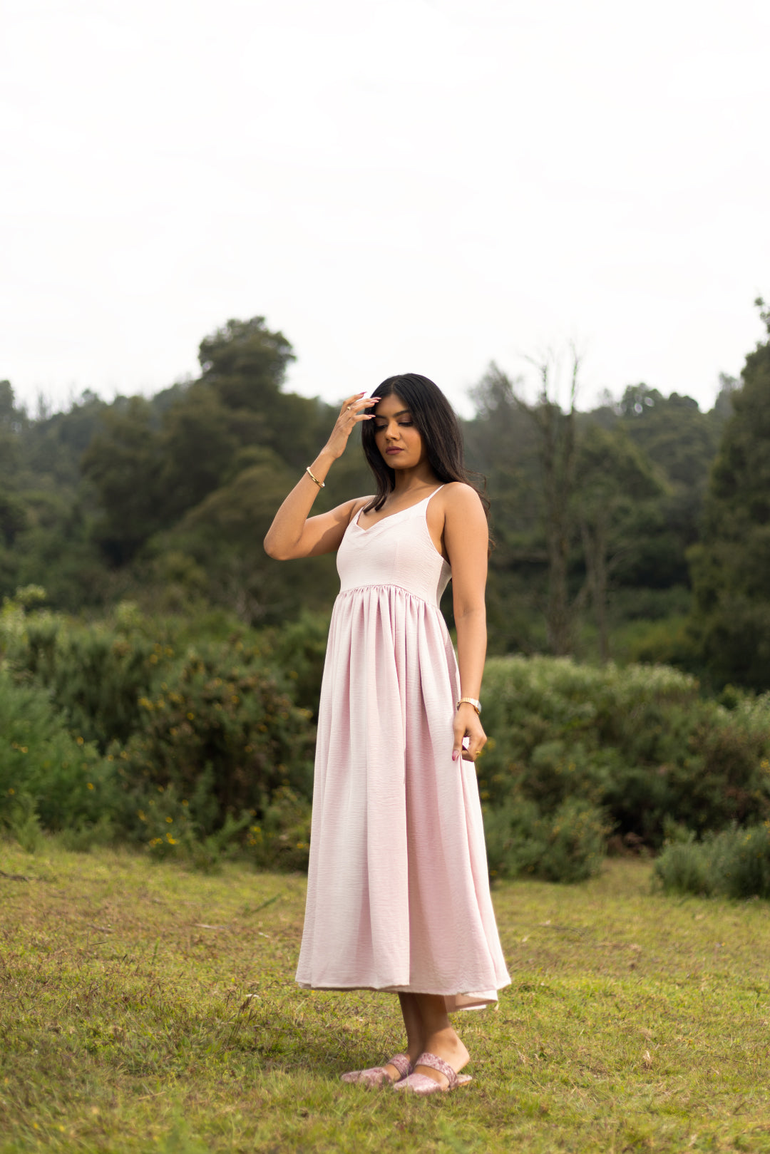 Nerina Blush Pink Gathered Calf-Length Dress