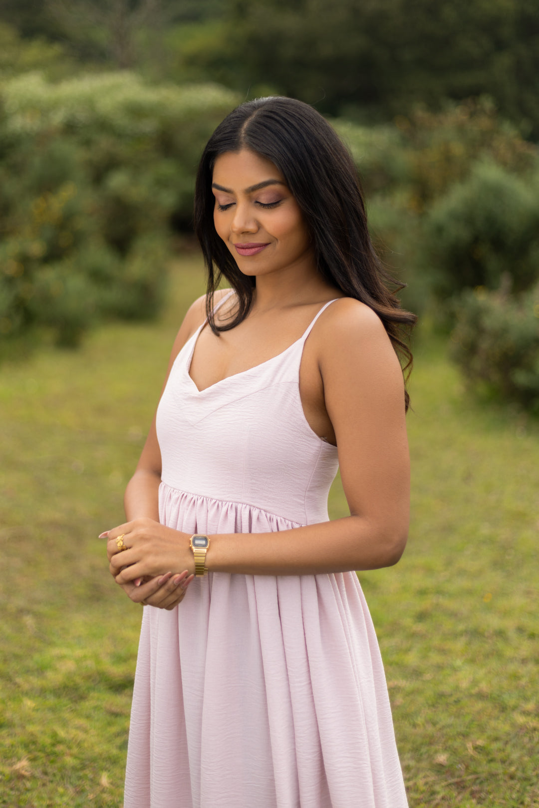 Nerina Blush Pink Gathered Calf-Length Dress