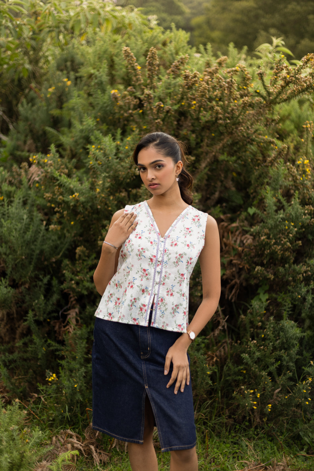 Camellia Floral Sleeveless V-Neck Top