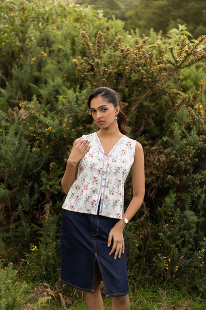 Camellia Floral Sleeveless V-Neck Top