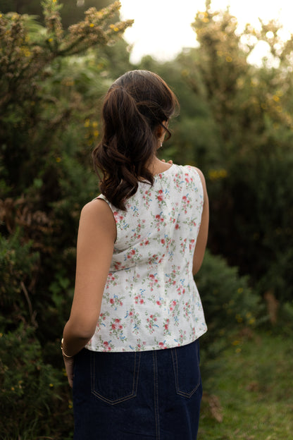 Camellia Floral Sleeveless V-Neck Top