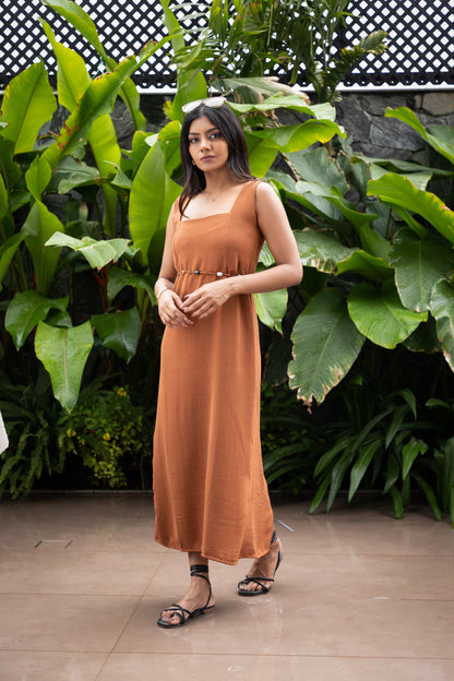 Rust Brown Calf-Length Dress with Beaded Belt