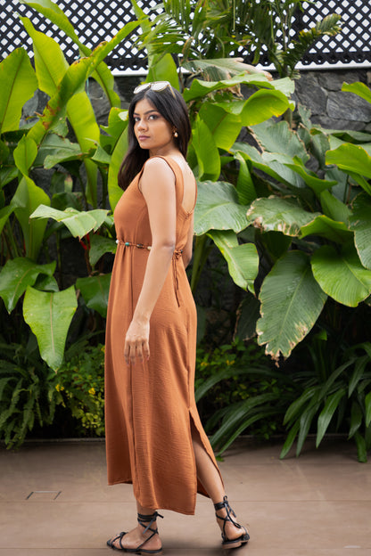 Rust Brown Calf-Length Dress with Beaded Belt