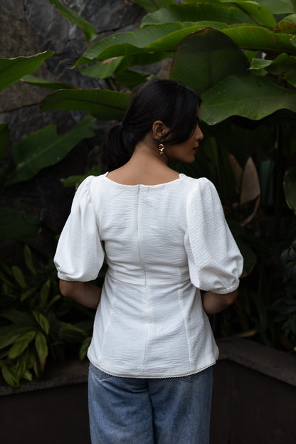 Lily White Cotton Linen Puff Sleeve Top