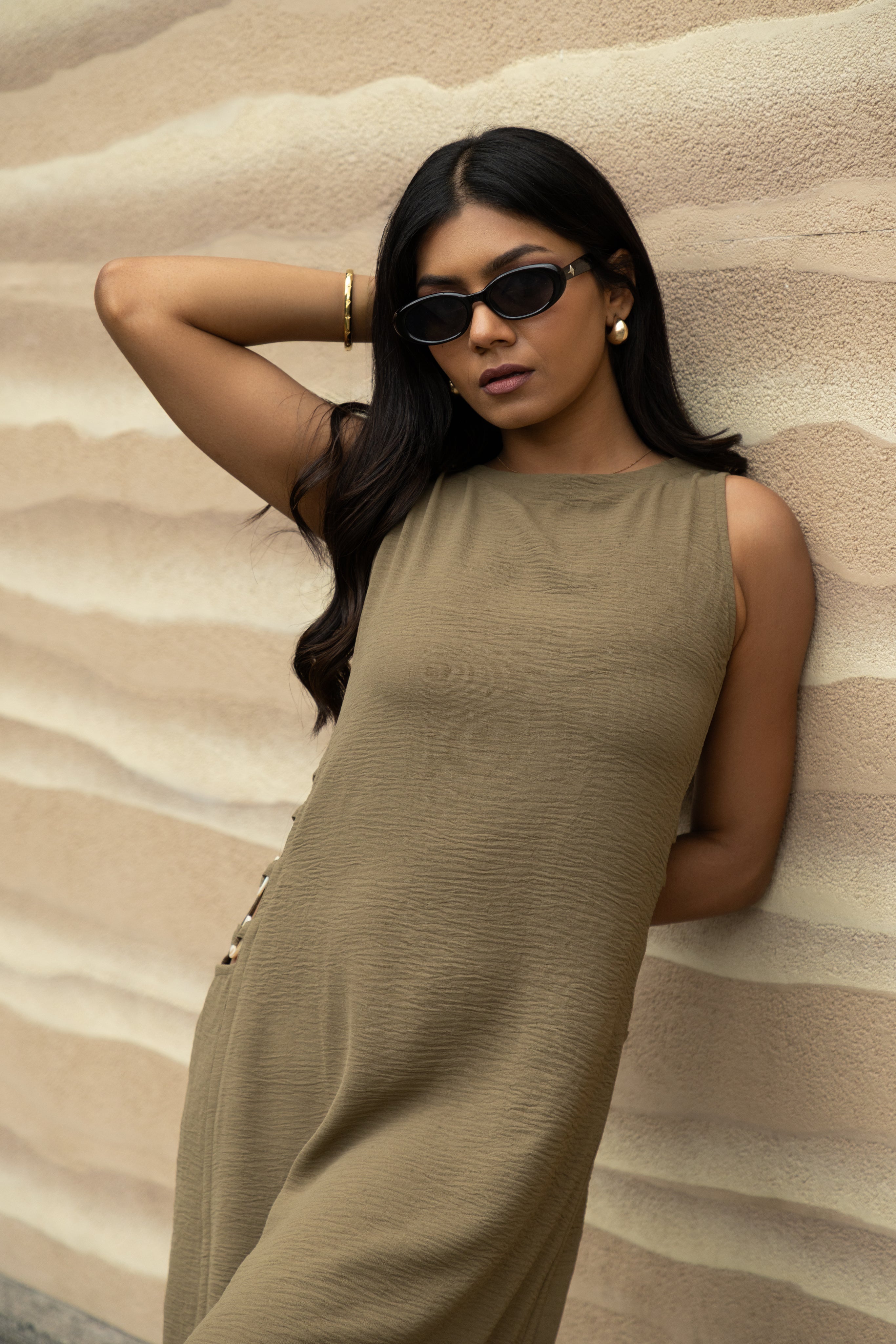 Sage Olive Calf-Length Straight Dress