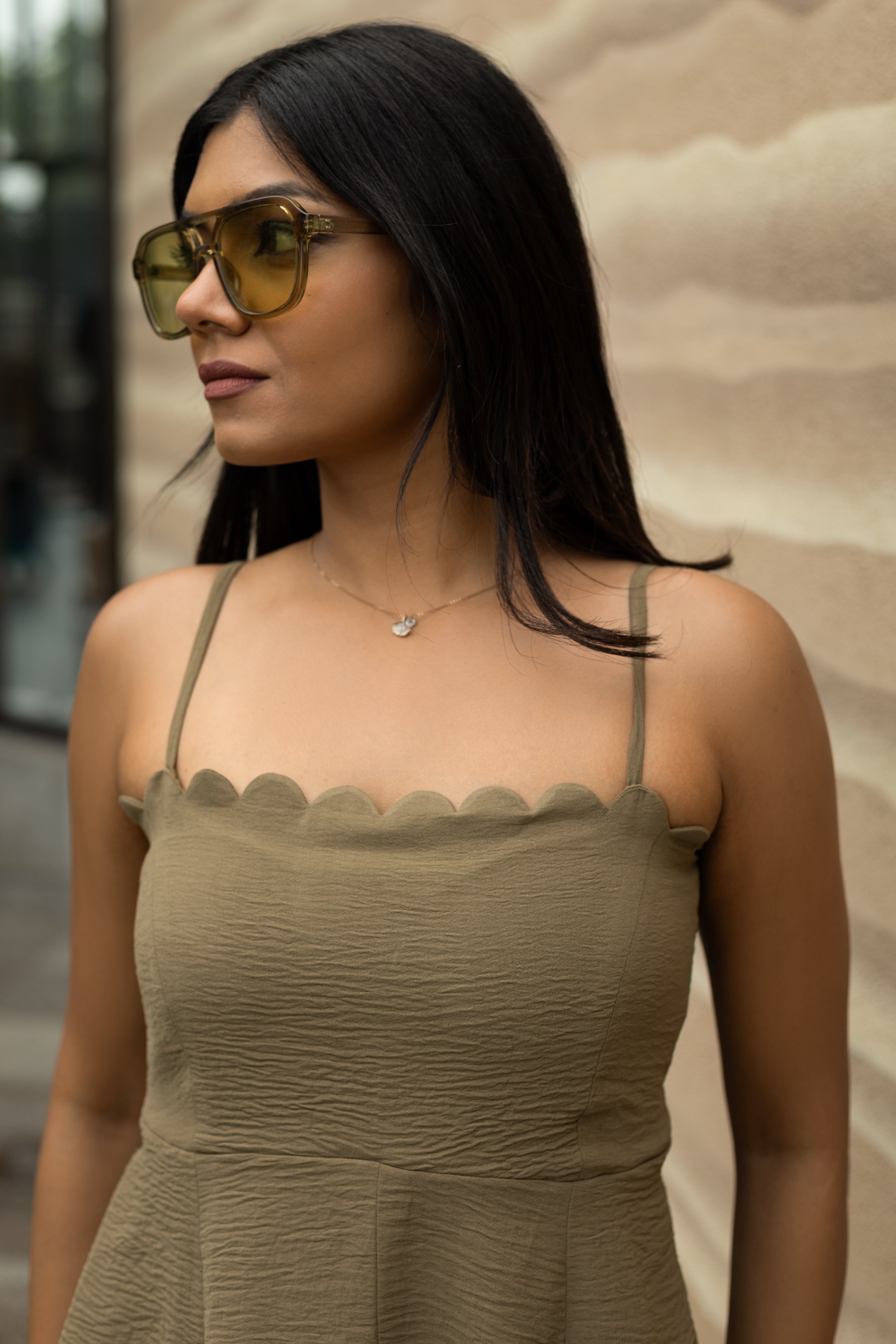 Olive Scallop Neck Fit & Flare Top