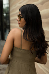 Olive Scallop Neck Fit & Flare Top