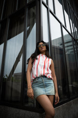 Bloom Red & White Sleeveless Stand-Collar Top