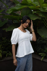 Lily White Cotton Linen Puff Sleeve Top
