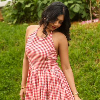 Cherry Red Gingham Fit & Flare Dress