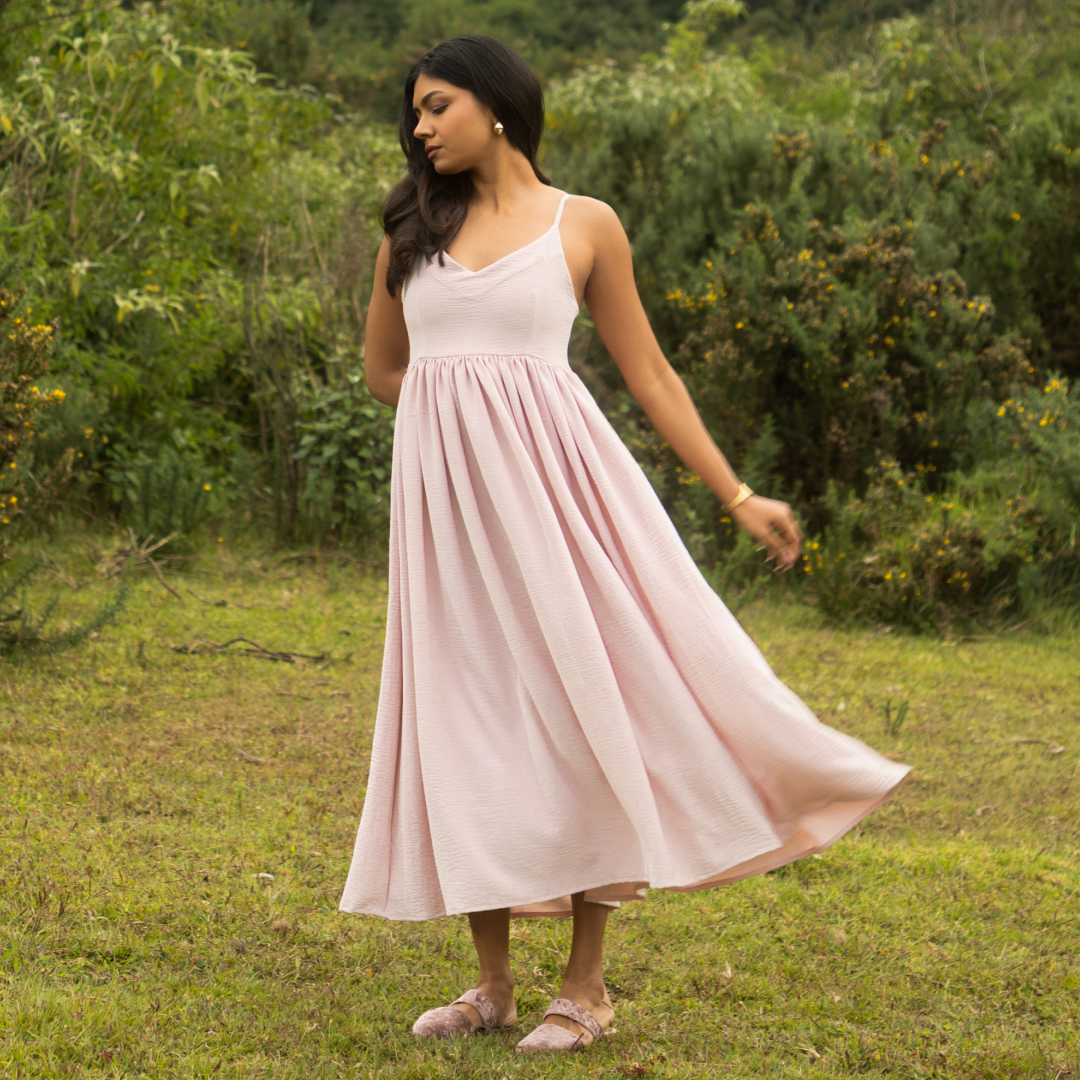 Nerina Blush Pink Gathered Calf-Length Dress