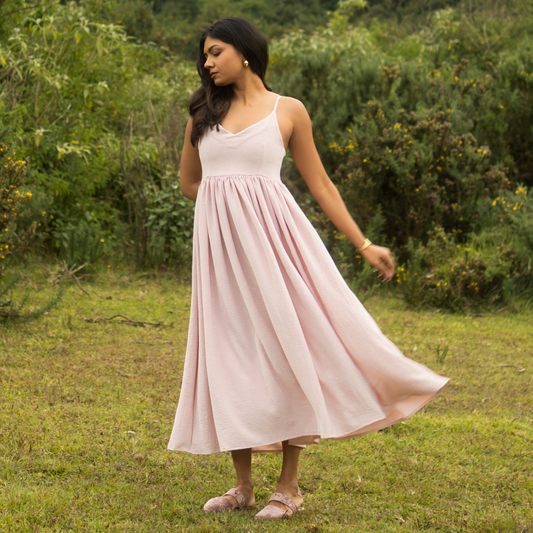 Nerina Blush Pink Gathered Calf-Length Dress