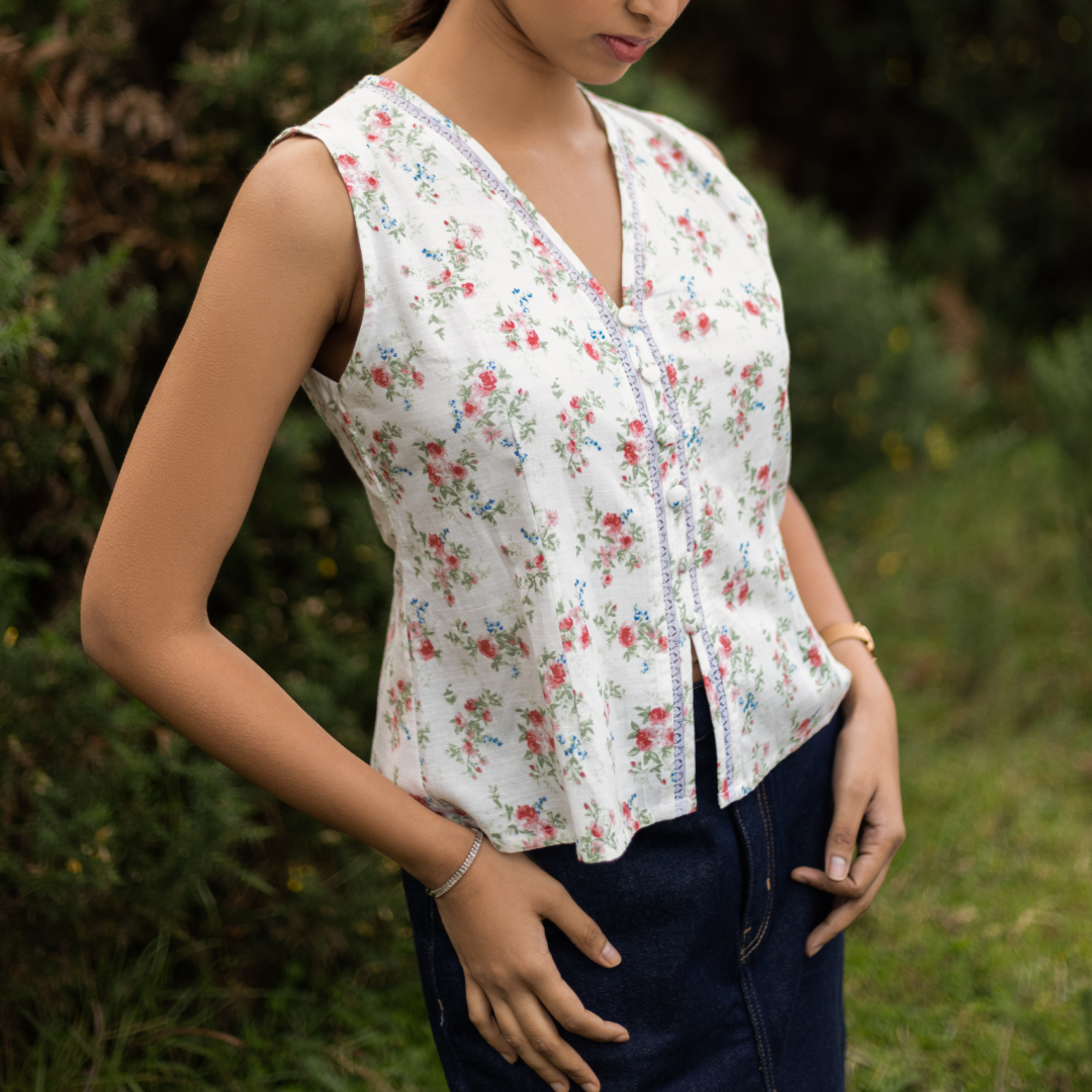 Camellia Floral Sleeveless V-Neck Top