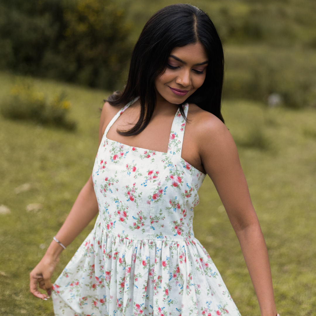 Aster White Floral Fit & Flare Halter Dress