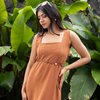 Rust Brown Calf-Length Dress with Beaded Belt