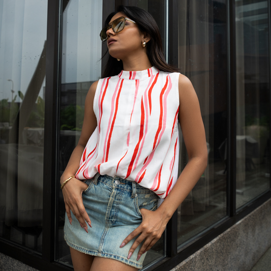 Bloom Red & White Sleeveless Stand-Collar Top