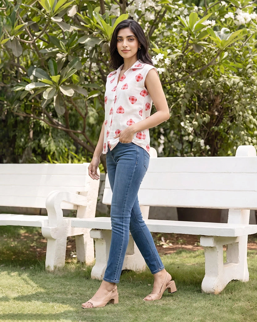Poppy Heart Print Collared Shirt