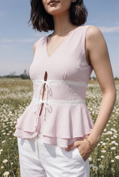 Iris Blush Pink Sleeveless Tie-up Peplum Top