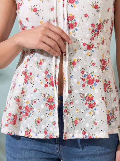 Primrose Schiffli Embroidered Fitted Peplum Top