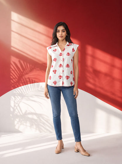 Poppy Heart Print Collared Shirt