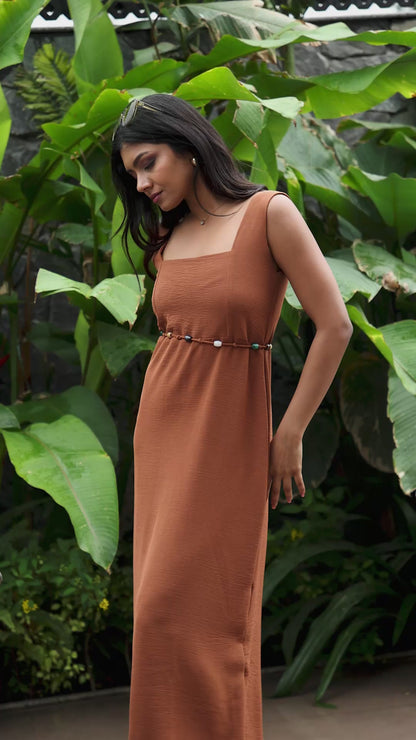 Rust Brown Calf-Length Dress with Beaded Belt