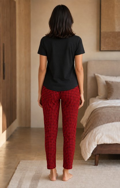 Red & Black Checkered T-Shirt and Pant Lounge Set