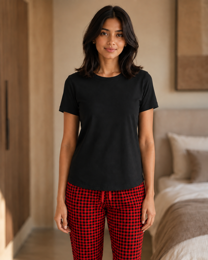 Red & Black Checkered T-Shirt and Pant Lounge Set