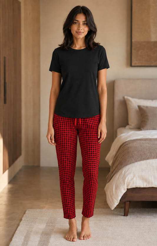 Red & Black Checkered T-Shirt and Pant Lounge Set